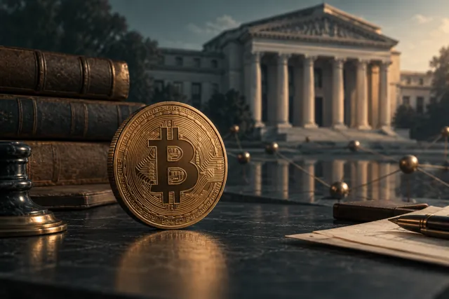 Ilustración de una moneda de Bitcoin ante un edificio institucional imaginario