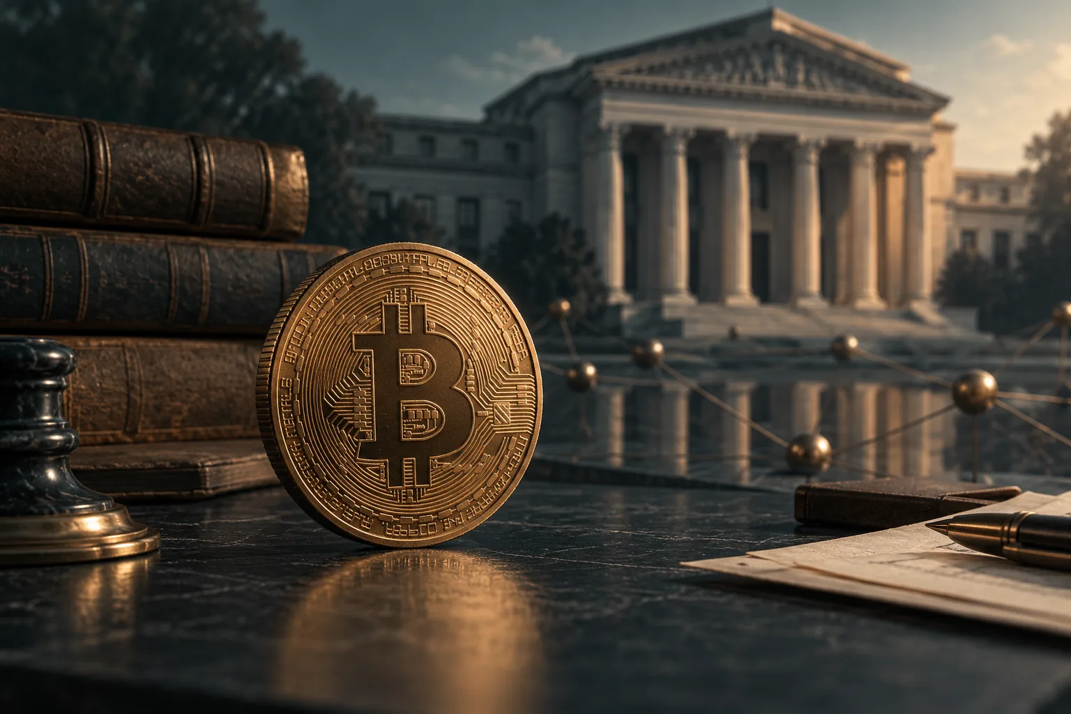 Ilustración de una moneda de Bitcoin ante un edificio institucional imaginario