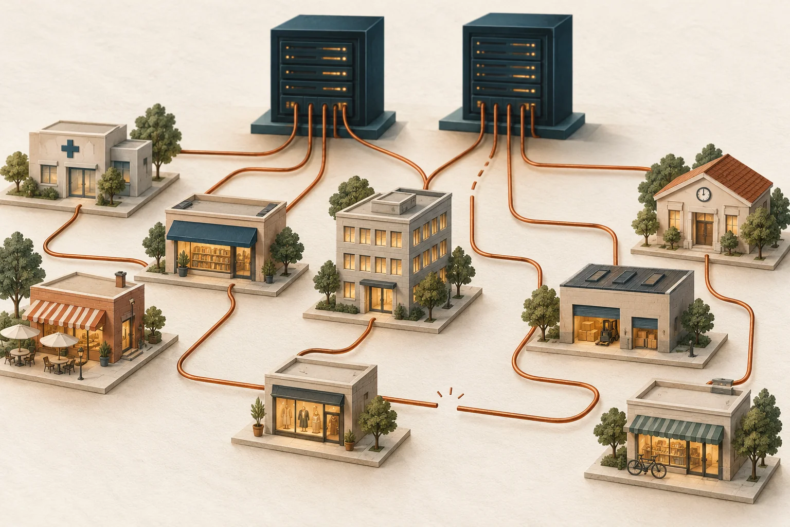 Ilustración conceptual de edificios cotidianos conectados a servidores por líneas de cobre, con dos interrupciones visibles
