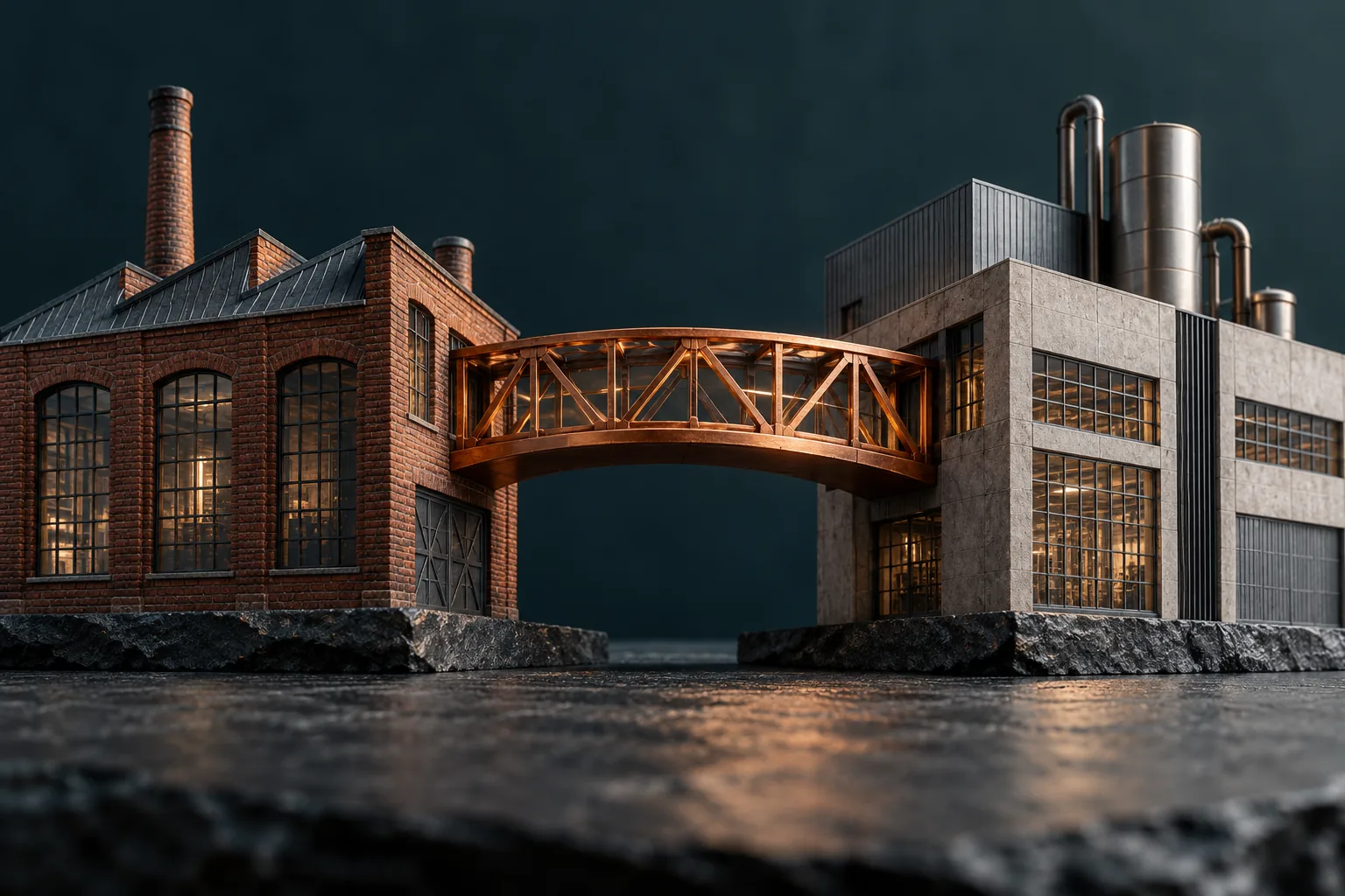 Ilustración de dos edificios industriales unidos por un puente de cobre