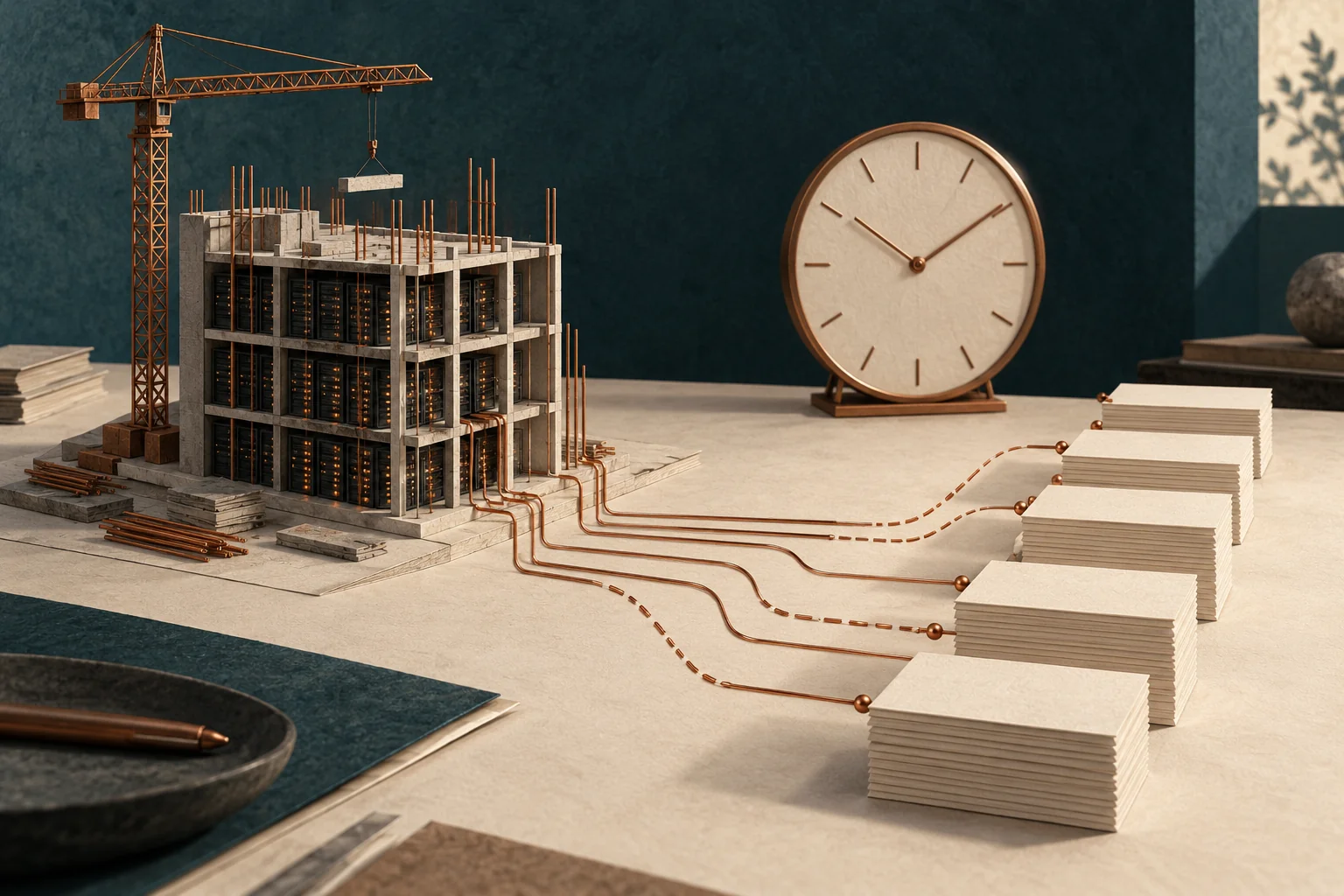 Ilustración conceptual de un edificio de servidores en construcción, un reloj y pilas de tarjetas conectadas por caminos de cobre incompletos