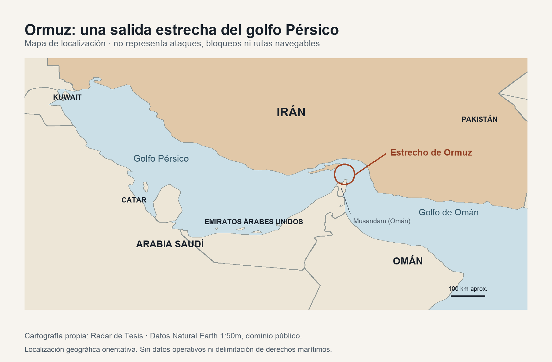 Mapa de localización de Ormuz entre Irán y Musandam; golfo Pérsico al oeste y golfo de Omán al este. No representa ataques ni rutas seguras.
