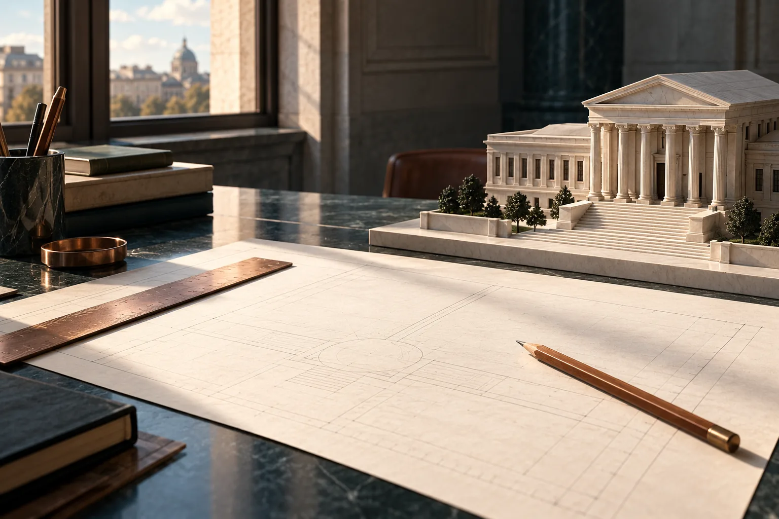 Ilustración de una maqueta institucional, un plano y una regla de cobre