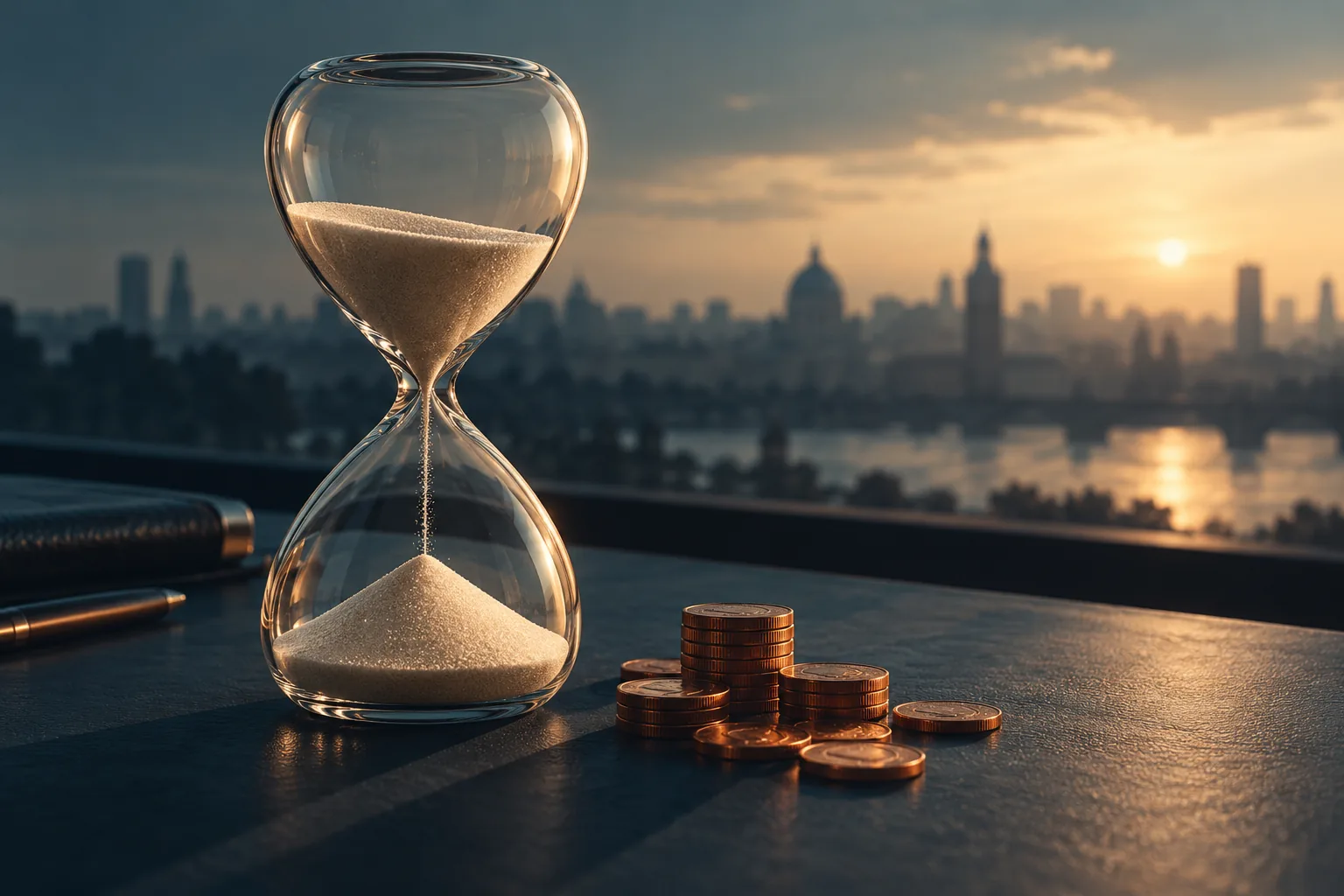 Ilustración de un reloj de arena y monedas como metáfora del tiempo en una inversión