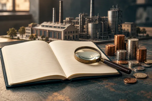 Ilustración de un cuaderno, monedas y una lupa junto a una maqueta industrial